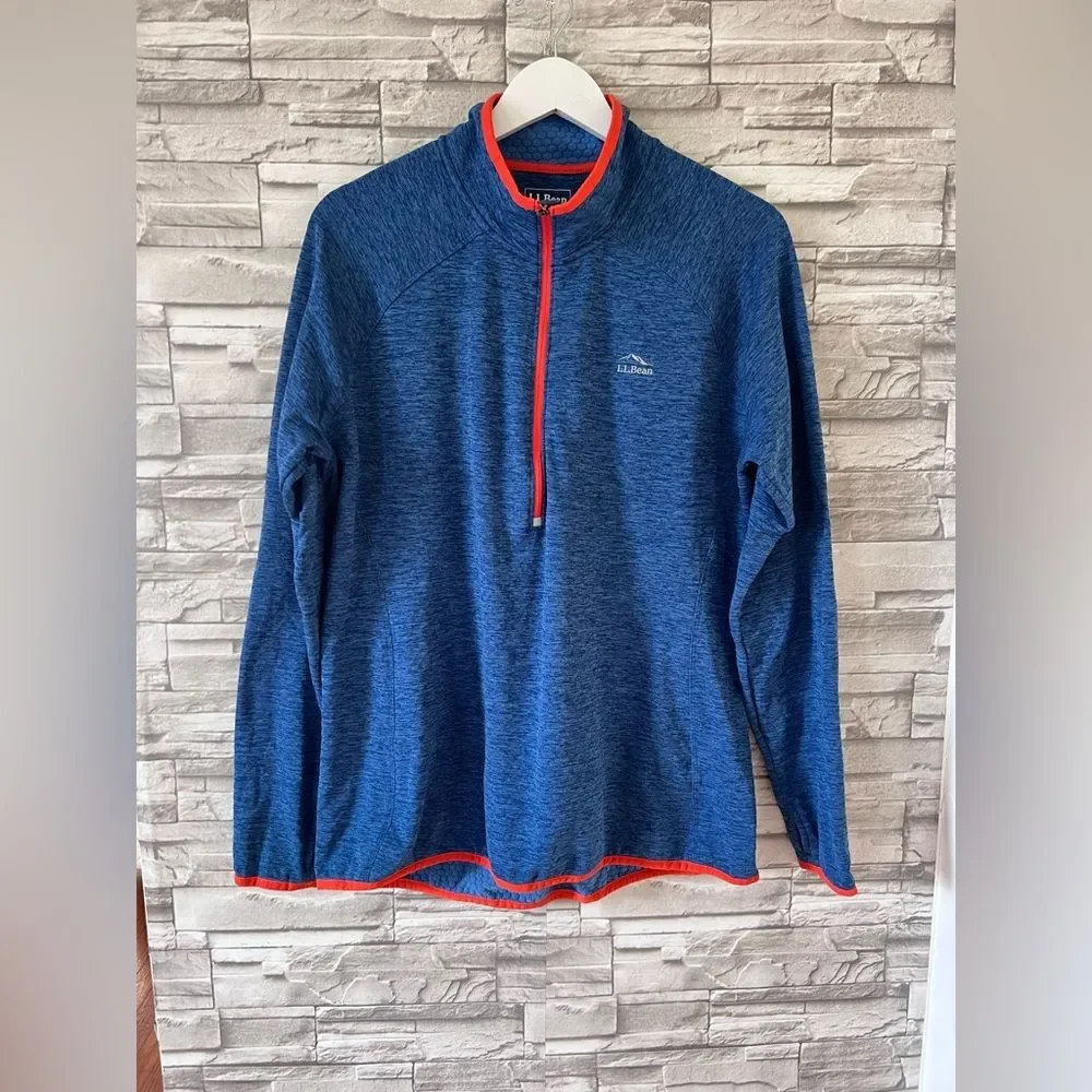 L.L Bean Men’s Adventure Grid Fleece Quarter Zip Blue Orange Accent Pullover L